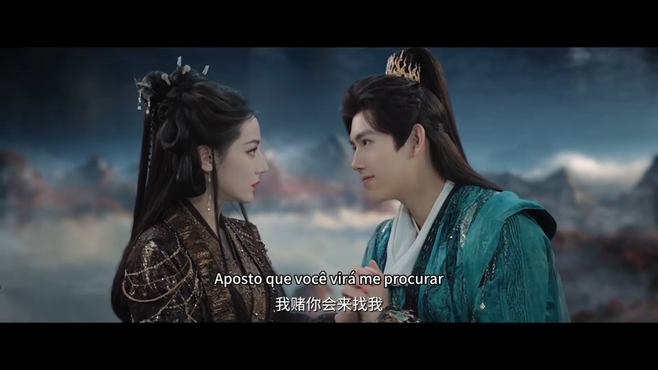 Dilraba Dilmurat e Chen Feiyu compartilhando uma cena dramática em Amor além do túmulo