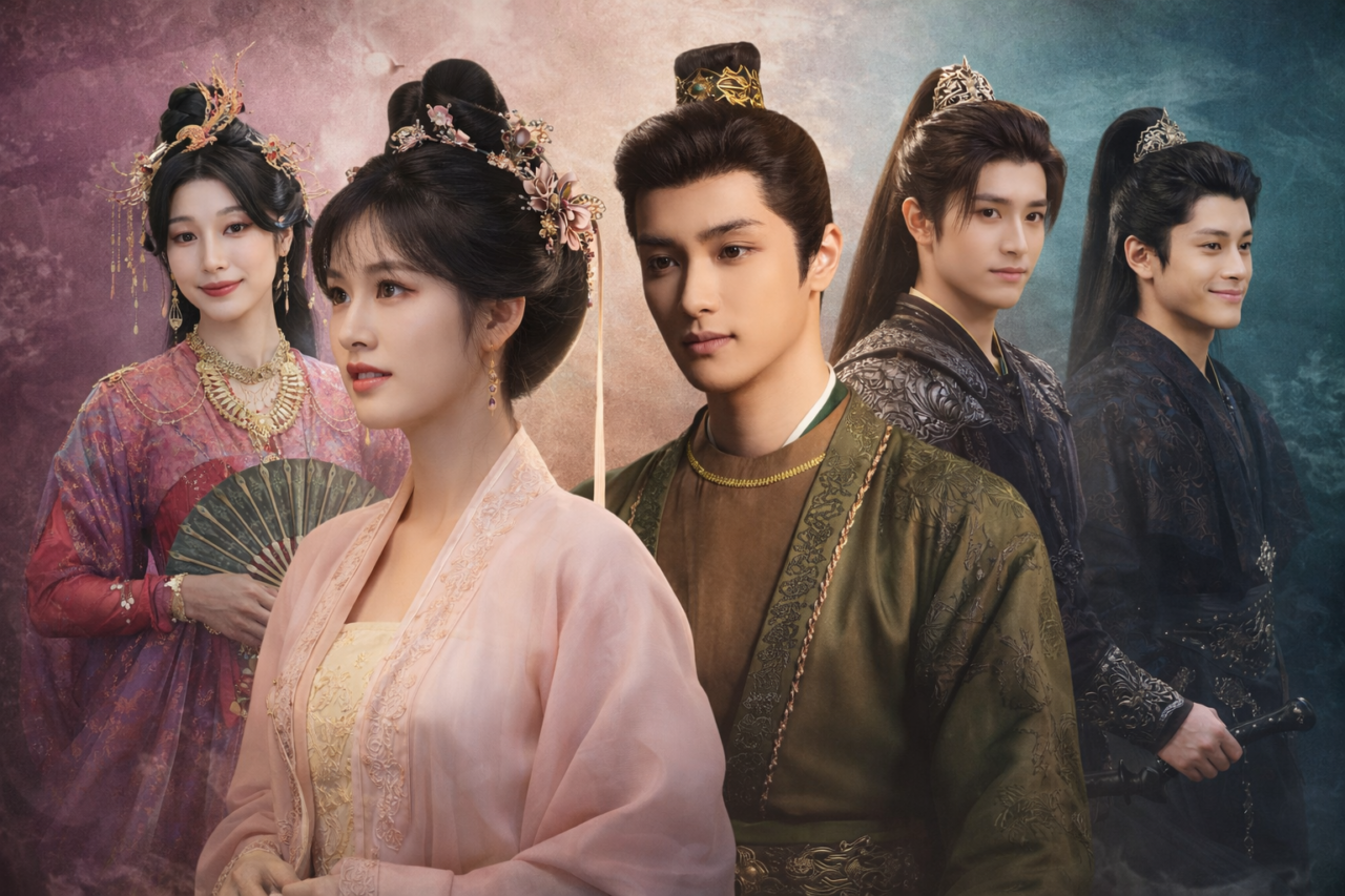 atores principais em cena do drama chinês Amor além do túmulo