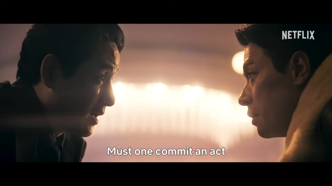 Os atores Jo In-sung e Park Jung-min em cena de suspense no filme Inteligência Humana.