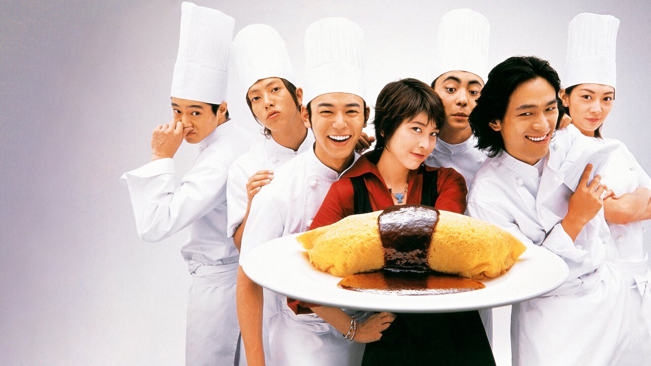 O elenco masculino trabalhando na cozinha do dorama japonês Rainha da Cozinha.