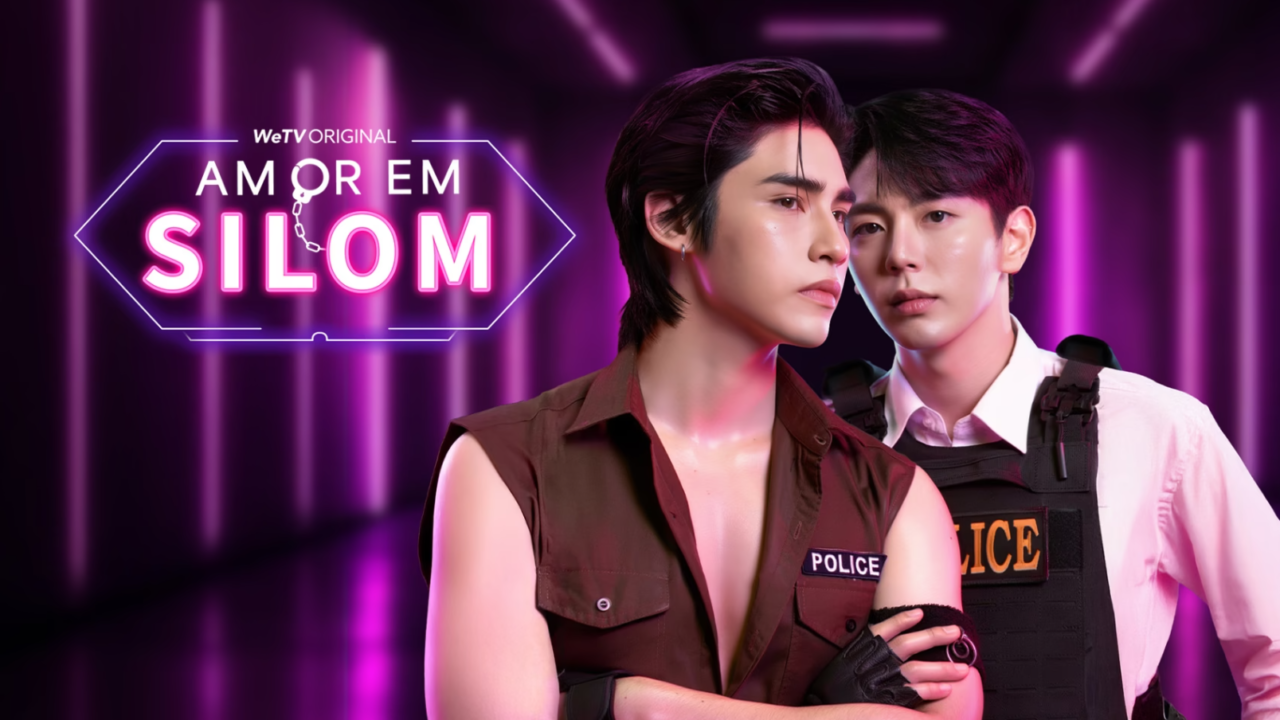 Pôster oficial do dorama Amor em Silom (Uncut Ver.), destacando os protagonistas Krit e Wayu em um clima noturno e intimista.