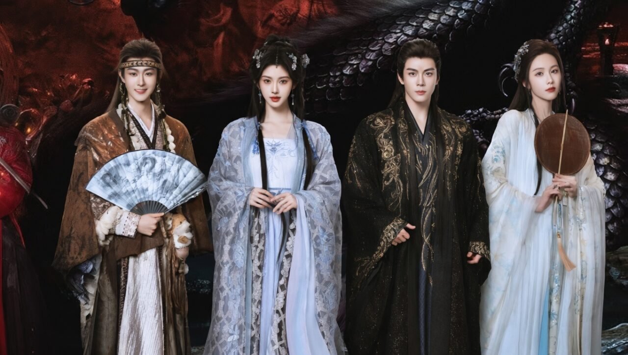 atores principais Ju Jing Yi, Joseph Zeng, Chen Du Ling e Tian Jia Rui em cena de Véu de Sombras