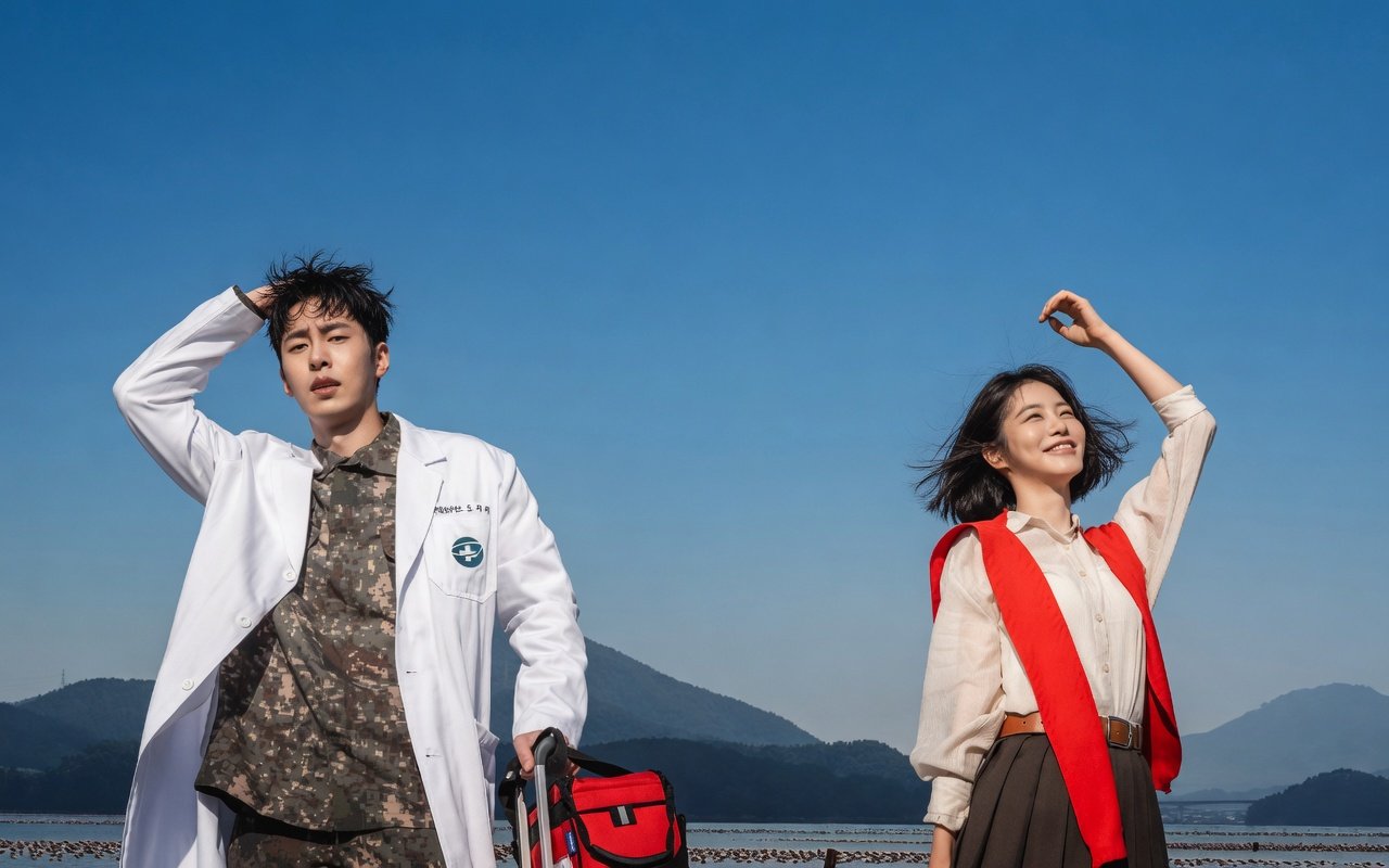 Pôster do drama Doctor on the Edge: ao fundo, mar e céu azul; em primeiro plano, Lee Jae-wook com uniforme militar e jaleco, expressão frustrada, e Shin Ye-eun ao lado, com sorriso tranquilo e brisa no cabelo.