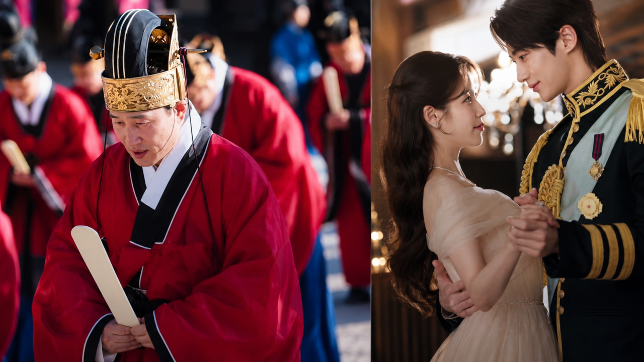 Atores figurantes vestidos como ministros da era Joseon.