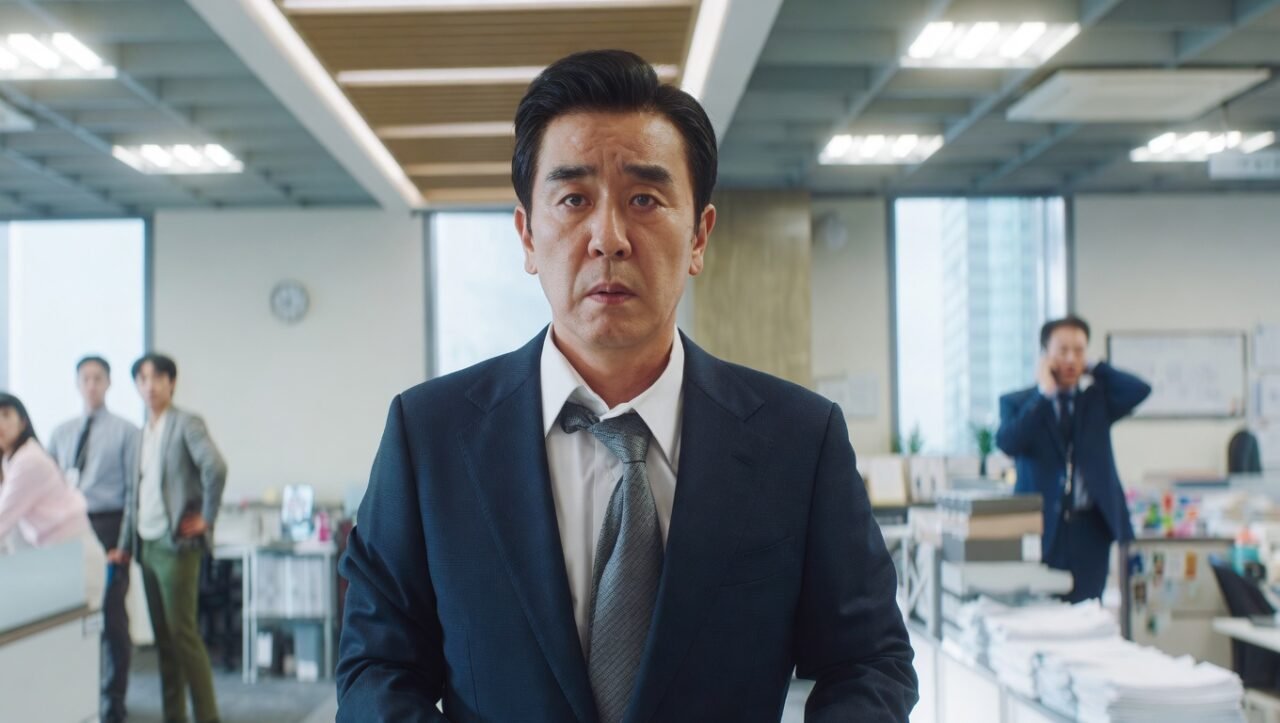 Ator sul-coreano Ryu Seung Ryong com aparência exausta e roupas formais.