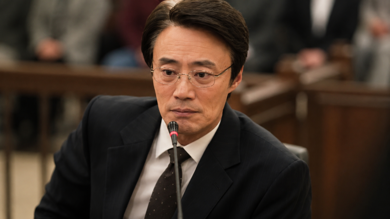 O ator Lee Hee-joon em postura defensiva durante uma audiência.