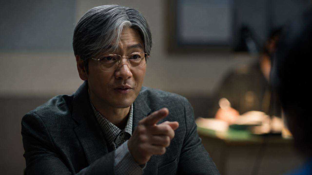 Os atores Park Hae-soo e Jung Moon-sung conversando em tom de confronto.