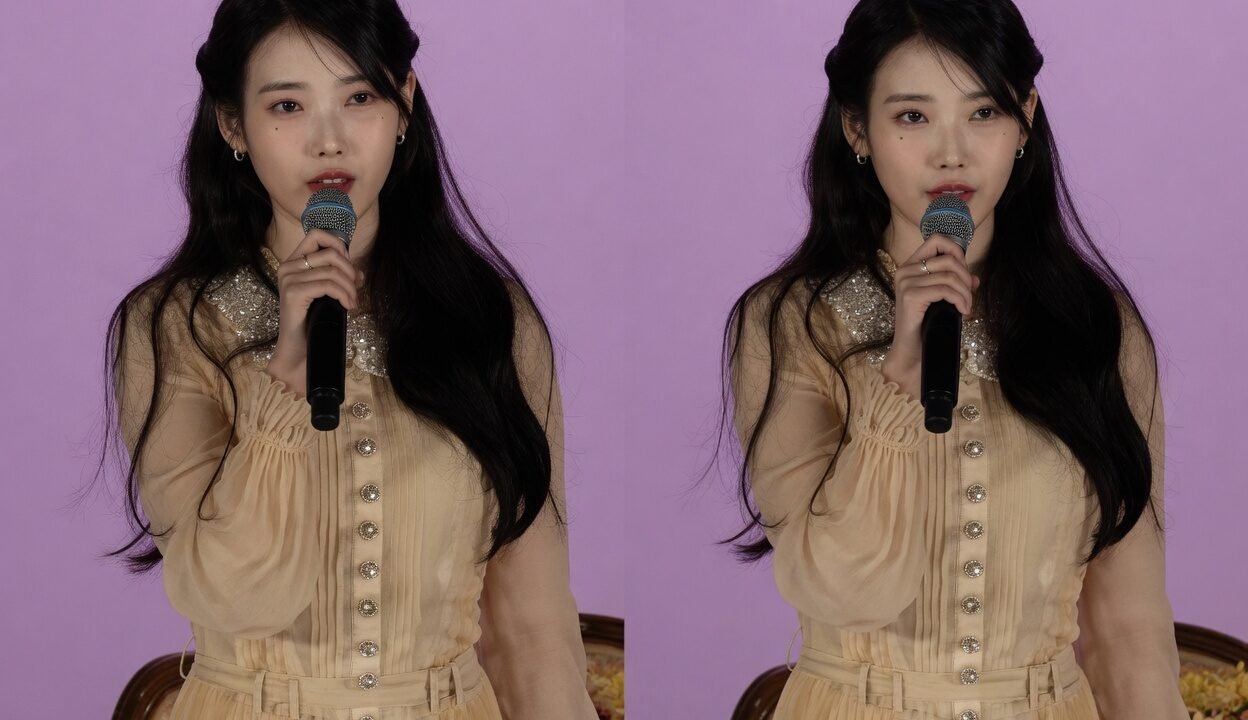 A cantora e atriz sul-coreana IU falando ao microfone.