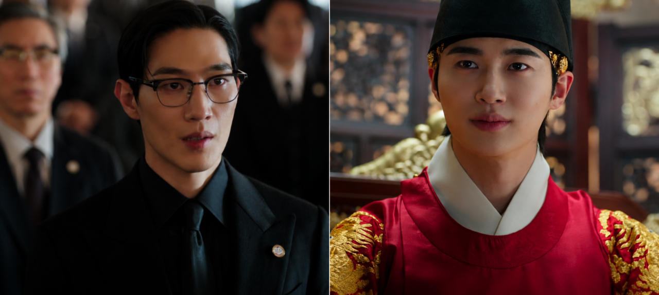 Os atores Byeon Woo-seok e Noh Sang-hyun em cena de confronto em A Coroa Perfeita.