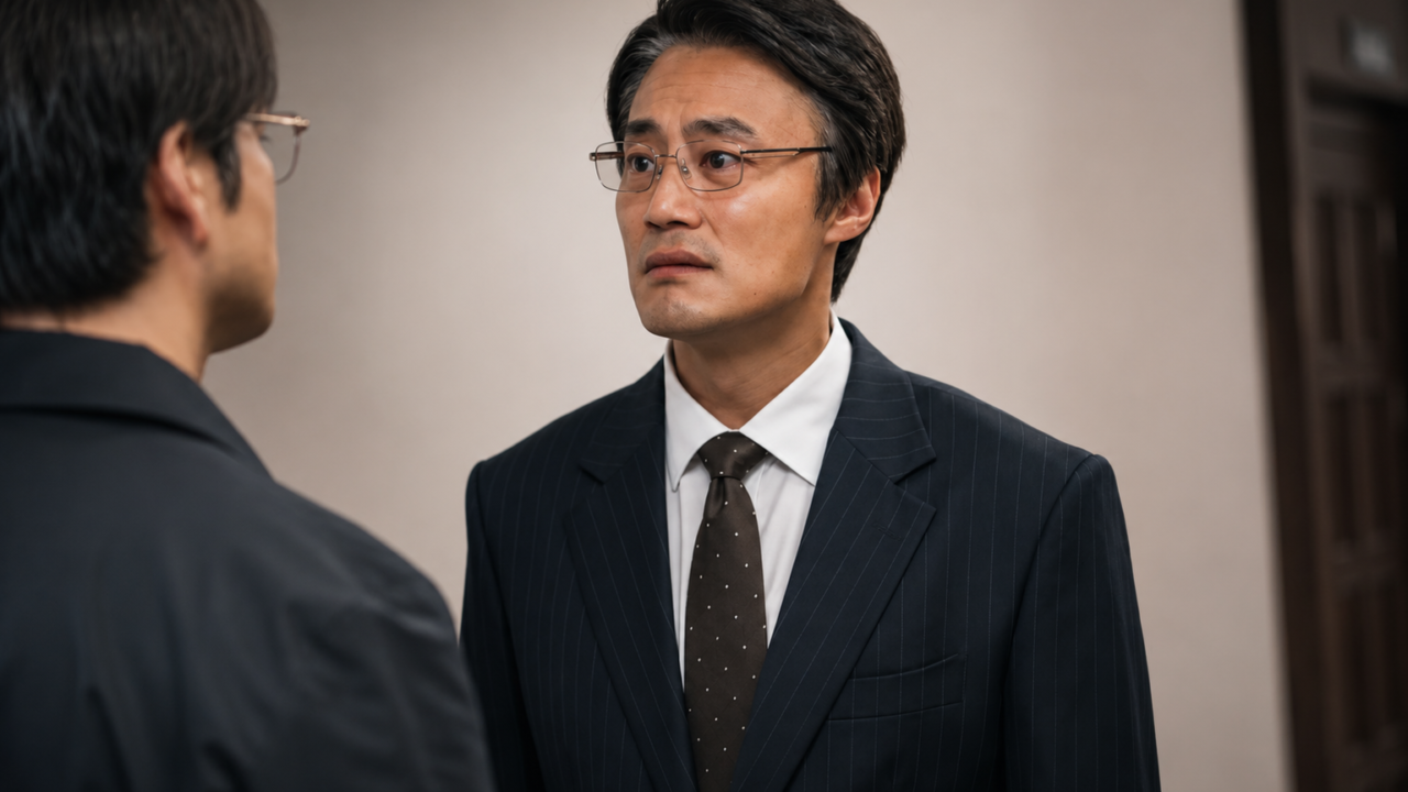 O ator Park Hae-soo com expressão séria durante uma transmissão televisiva.