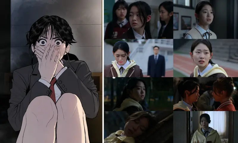 A personagem Kim Min Ji retratada no traço original do webtoon, contrastando com sua versão adaptada para a televisão