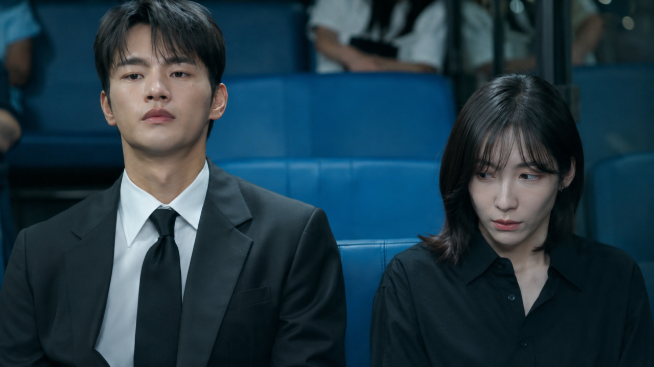 Cha Ji Yoon e Kang Si Woo em momento de tensão durante uma reunião.