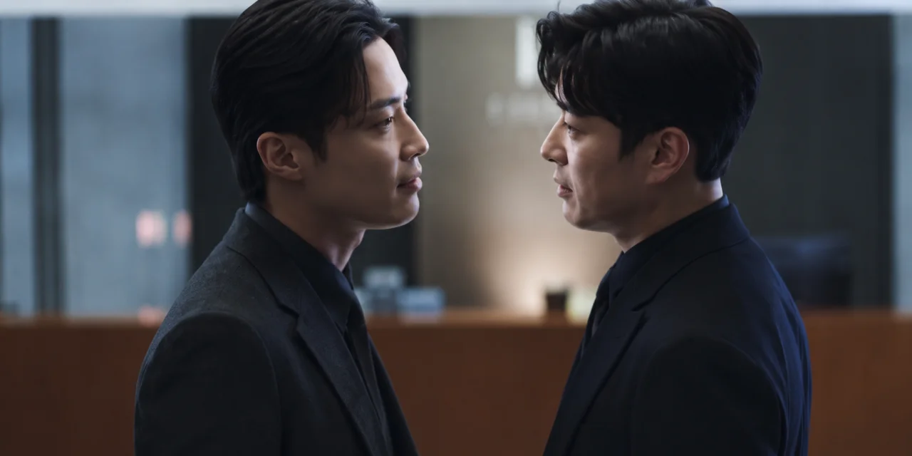 Os personagens Choi Mun Do e Cha Se Gye se encarando em um ambiente corporativo