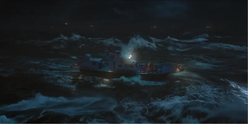 Cena noturna com médicos tentando estabilizar um paciente infantil em um barco sob forte chuva.