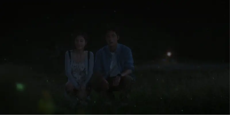 Casal de atores sul-coreanos observando vaga-lumes em um cenário noturno na natureza.