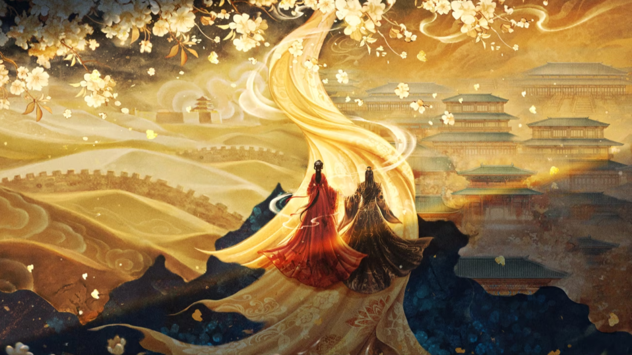 Atores chineses Meng Ziyi e He Yu em imagem promocional de drama de época.