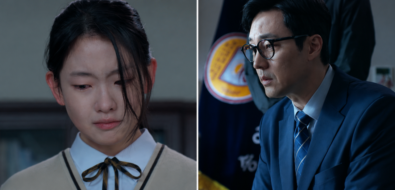 Kim Bu-jang confrontando a estudante Joo Hye-ri e seus seguranças após localizar vestígios no beco