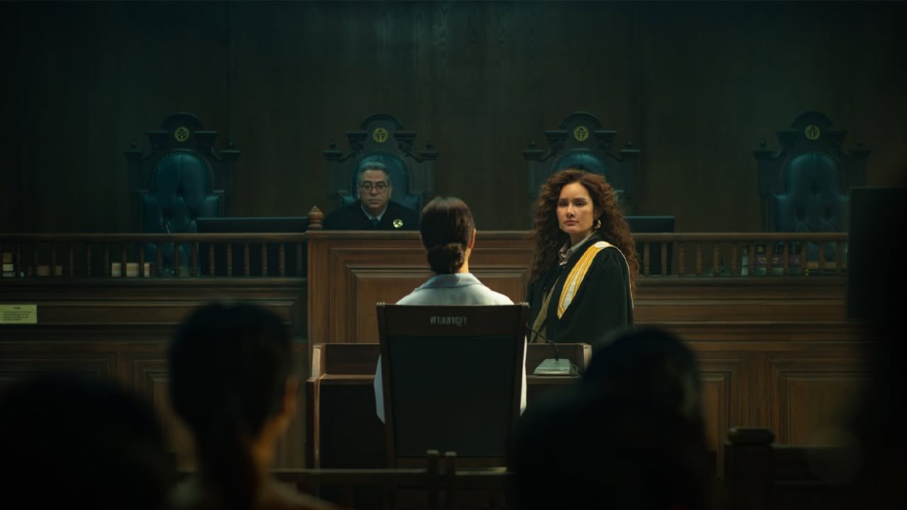 Cena de tribunal tailandês com o juiz e os advogados em foco.