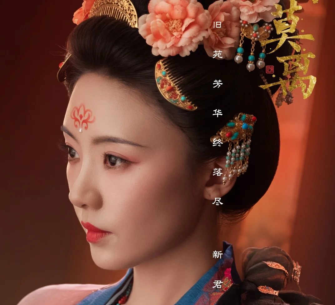 Atriz chinesa com maquiagem marcante e roupas históricas em tons escuros e dourados.