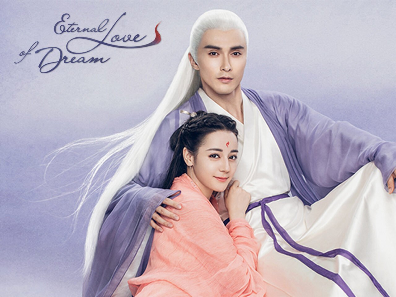 Dong Hua e Bai Feng Jiu em cenário de fantasia no drama O Livro de Cabeceira.