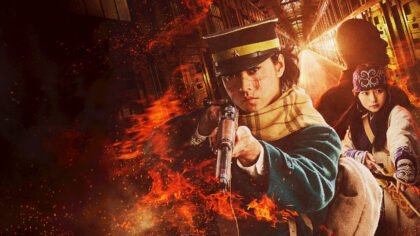 Atores Kento Yamazaki e Anna Yamada caracterizados como os protagonistas Sugimoto e Asirpa em Golden Kamuy.