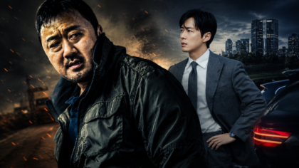 Montagem com Nam Goong Min e Ma Dong Seok caracterizados em cenas de tensão.