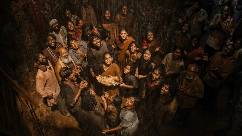 Prathap e Gauri sob a chuva enquanto as estátuas de ouro dos aldeões voltam à forma humana no final do filme Sing Geetham.