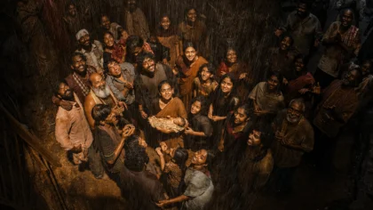Prathap e Gauri sob a chuva enquanto as estátuas de ouro dos aldeões voltam à forma humana no final do filme Sing Geetham.