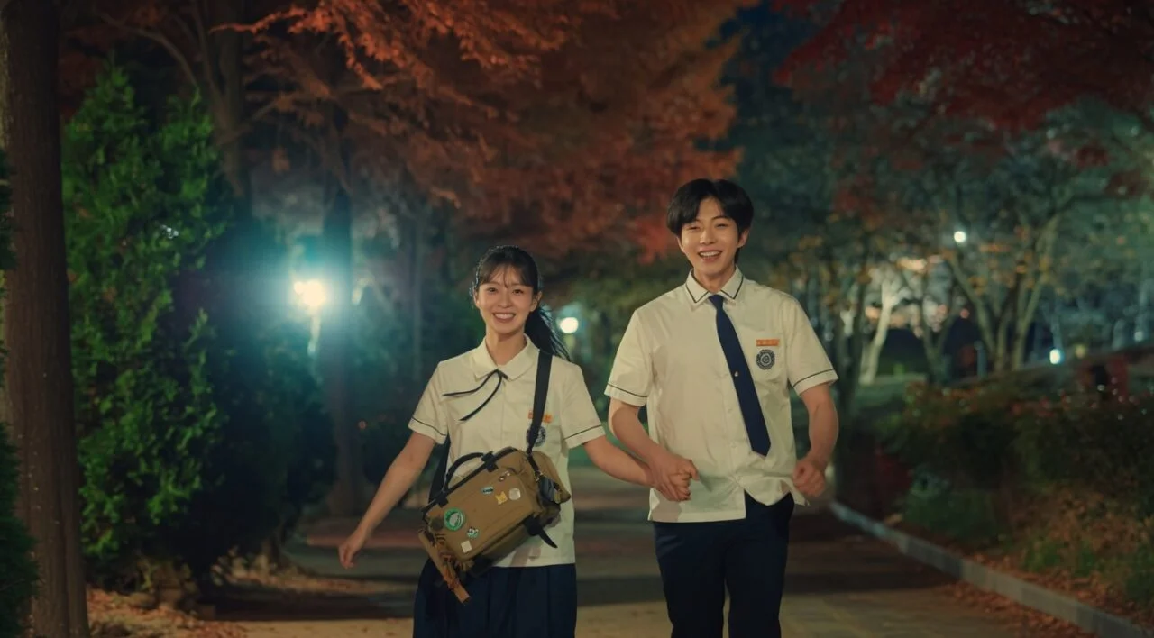 Cena urbana com os atores Hwang In Yeop e Lee Hye Ri conversando em Um Sonho Até Você.
