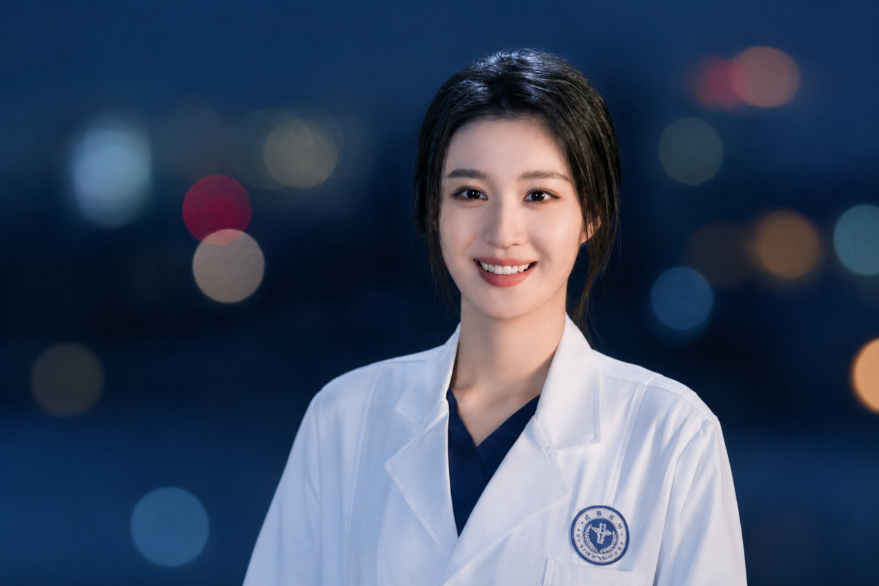 Wang Churan usando jaleco no papel da médica Ruan Liuzheng.