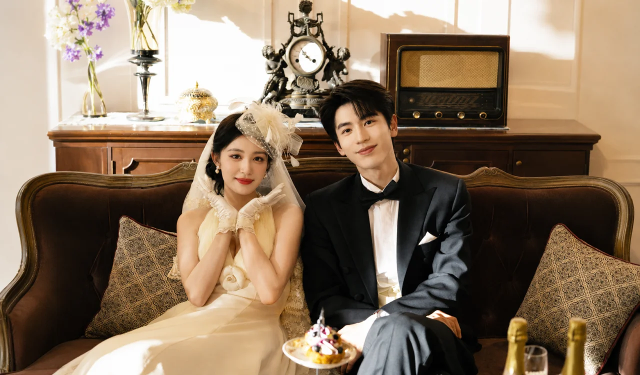 Retrato dos atores Zhang Linghe e Wang Churan em cena.