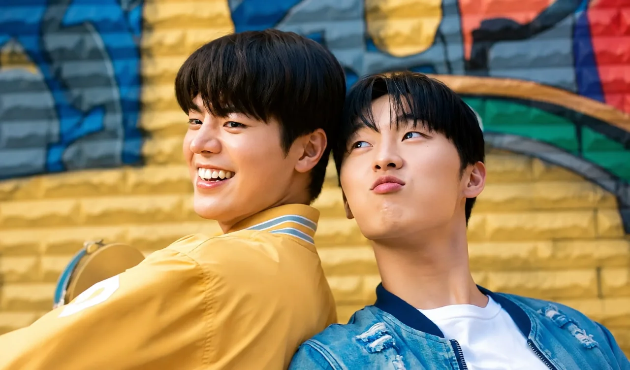 Elenco jovem do dorama Melancia Cintilante sorrindo.
