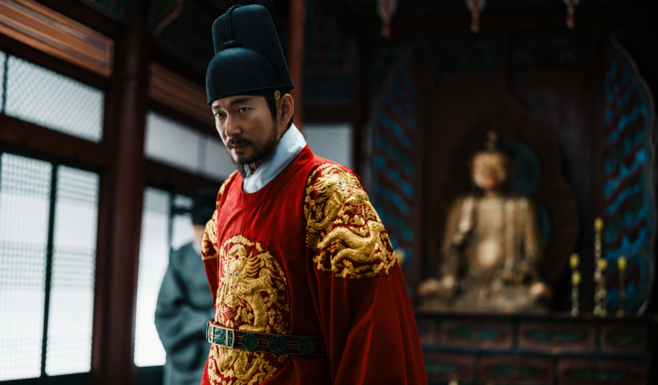 O rei de Joseon com postura autoritária e sombria.