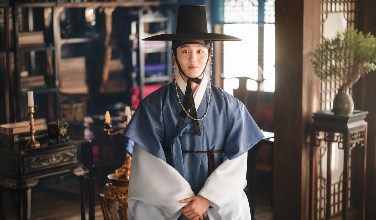 O ator e idol Kang Chani caracterizado com trajes da era Joseon.