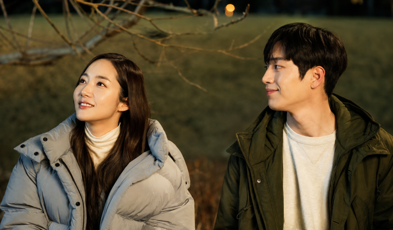 Park Min Young e Seo Kang Joon no cenário rural de Irei Quando O Tempo Estiver Bom.