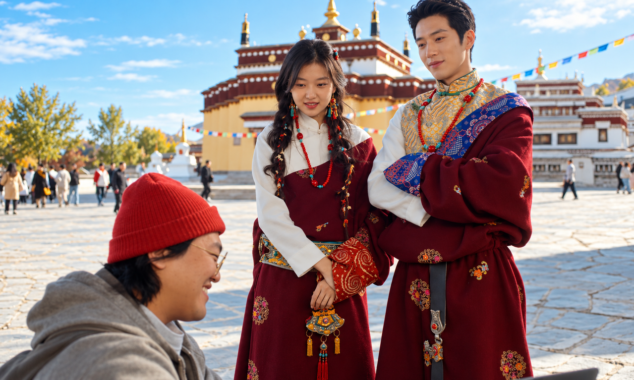 Flora and Luke pose together during their trip to Lhasa