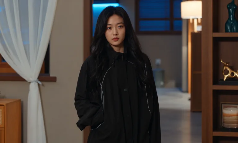 Flora stands at home in a black coat with one hand in her pocket.